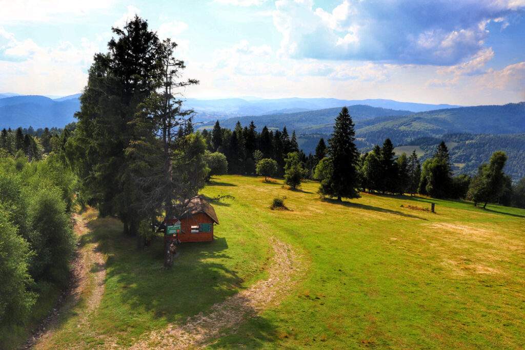 Widok rozpościerający się z wieży widokowej Surovina, Oszczadnica, lato, słoneczne popołludnie
