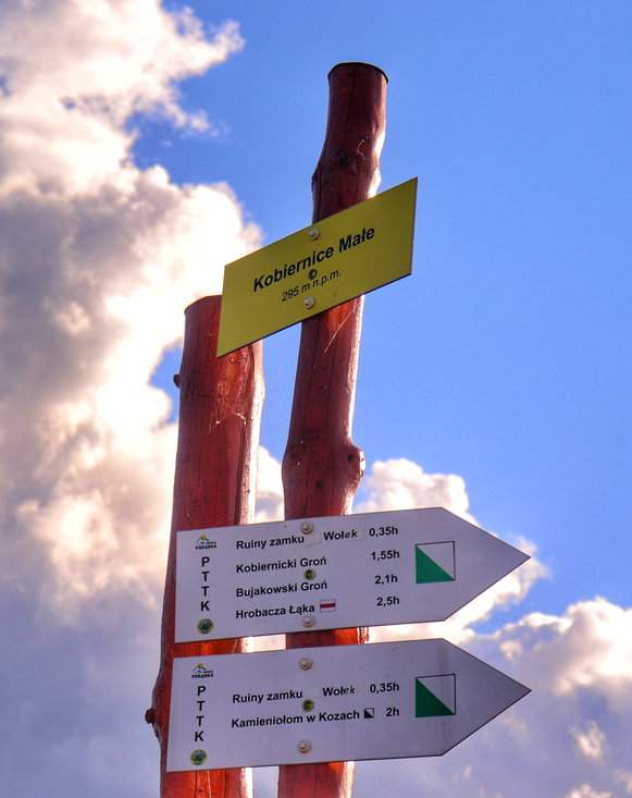 Żółta tabliczka - Kobiernice Małe, drewniany słup z drogowskazami