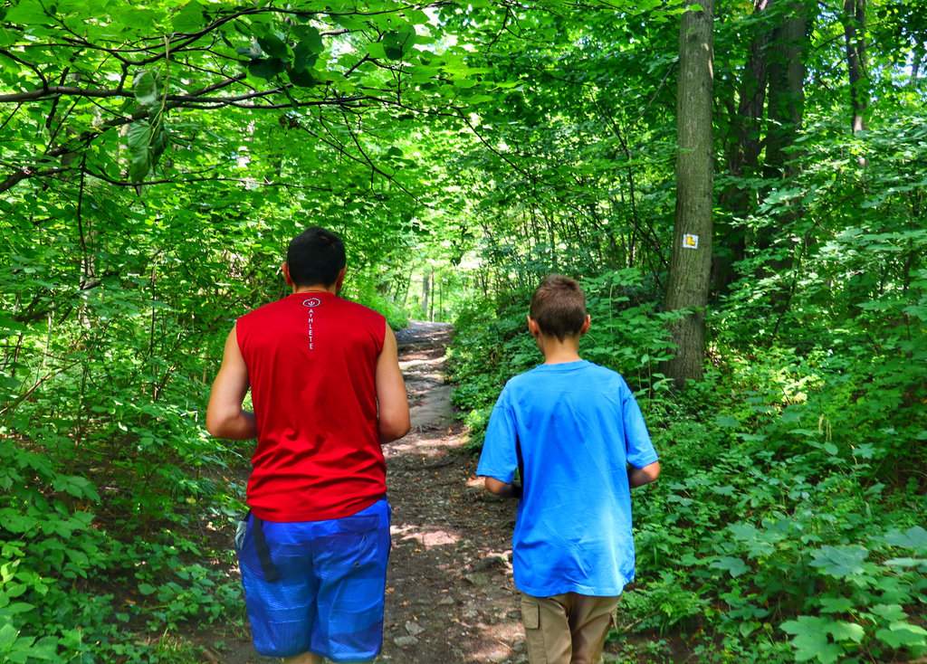 Dziecko z tatą na szerokiej leśnej drodze na szlaku oznaczonym żółtą literą L na białym kwadracie, prowadzącej do ruin zamku w Starým Jičínie