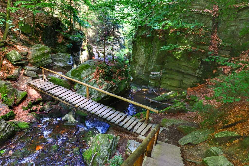 Rešovské vodopády, Czechy, drewniana kładka, skały, las, strome schody