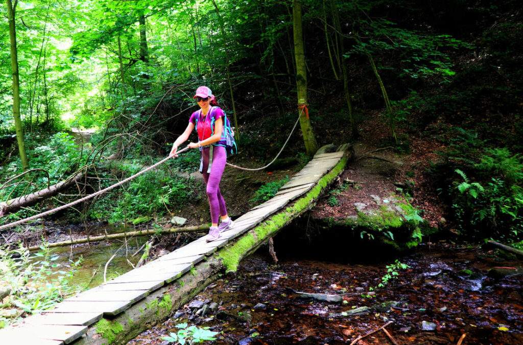 Turystka na krzywym drewnianym mostku z liną, Rešovské vodopády, Czechy