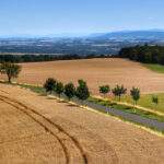 Widok rozpościerający się z wieży widokowej Pohoř - Olšová - Odry, droga, drzewa, pola, w tle krajobraz górski