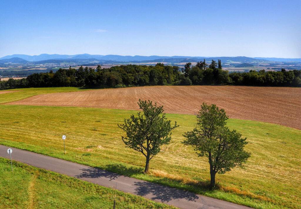 Widok rozpościerający się z wieży widokowej Pohoř - Olšová - Odry, droga, drzewa, pola, w tle krajobraz górski