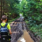 Dziecko na szerokiej leśnej drodze, rozjechanej przez samochody lub kłady, z kałużami i błotem, Sól
