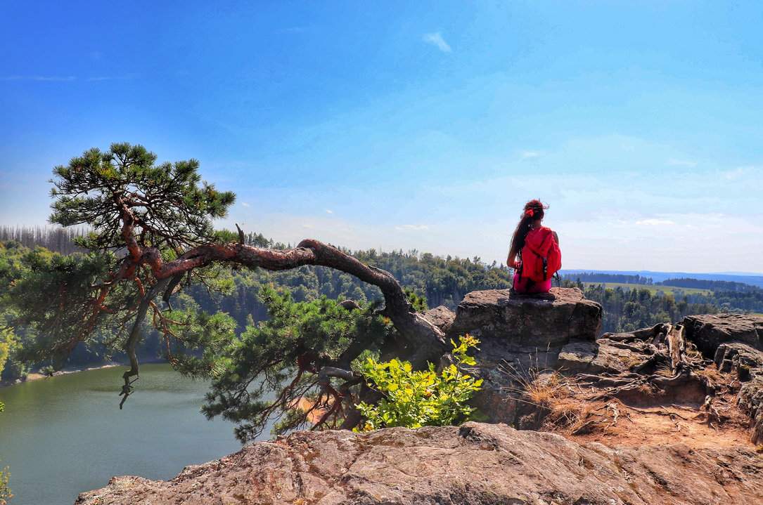 Skały i turystka podziwiająca widok na zbiornik Seč z punktu widokowego Mały Oheb w Czechach - przy sośnie
