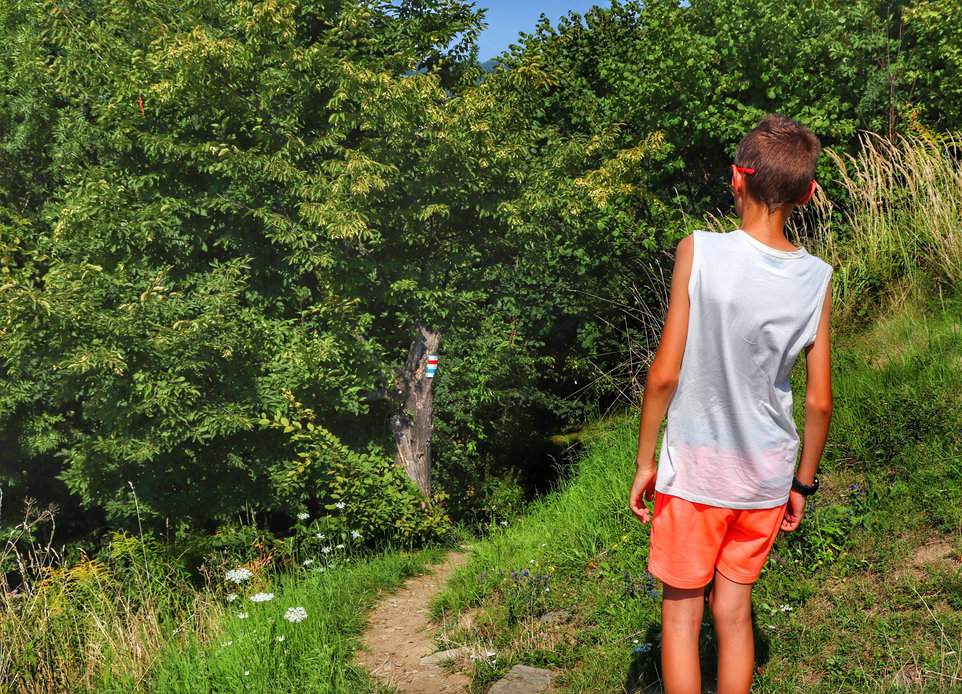 Dziecko na leśnej ścieżce - ruiny zamku Brníčko, Czechy