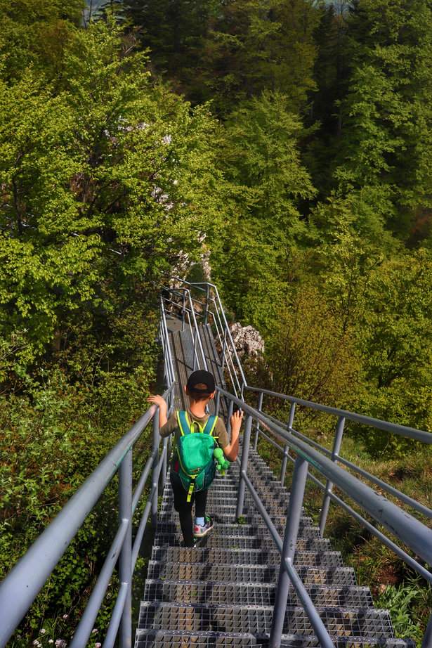 Dziecko schodzące po stromych, metalowych schodach - platforma widokowa Trzy Korony w Pieninach