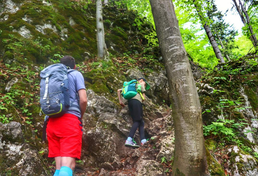 Turysta z dzieckiem pokonujący skalne podejście przez las na zielonym szlaku prowadzącym na szczyt Trzy Korony