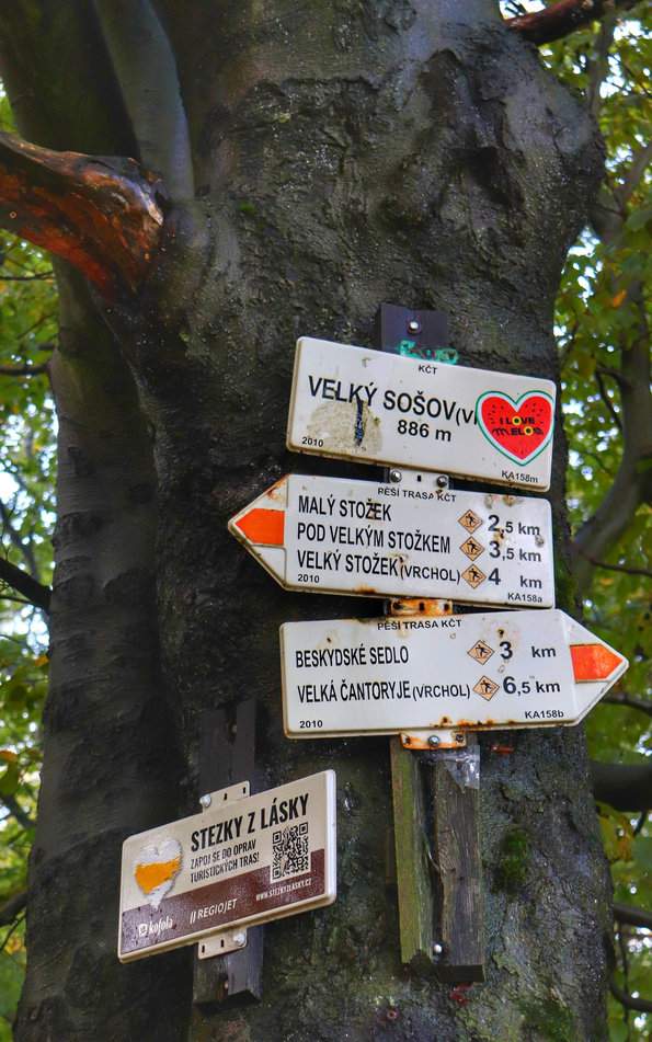 Drzewo, tabliczka z napisem „Soszów Wielki” oraz drogowskazy czerwonego szlaku