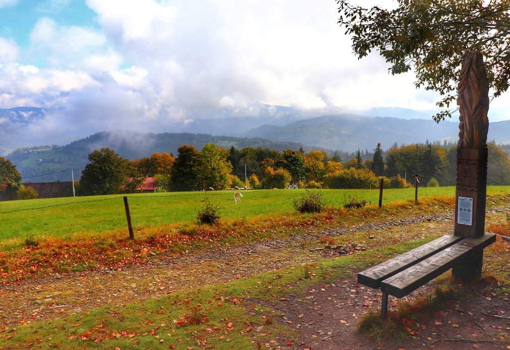 Jesień na Cieślarze w Beskidzie Śląskim: poranne mgły i charakterystyczna beskidzka ławeczka