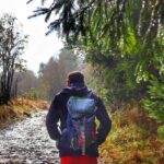 Turysta na czerwonym szlaku prowadzącym na szczyt Cieślar (Beskid Śląski), jesienny, mglisty poranek
