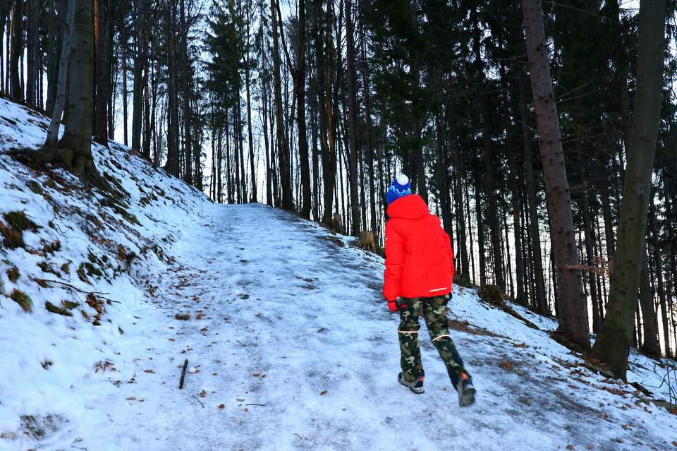 Dziecko idące w górę leśnej, zaśnieżonej drogi - czerwony szlak do Chaty Prašivá