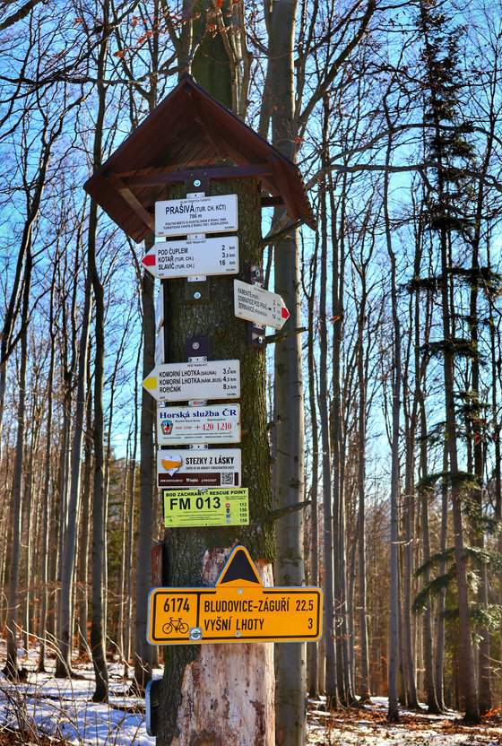 Biała tabliczka wisząca na drzewie przy Chacie Prašivá z napisem „Prašivá 706 m” oraz drogowskazy