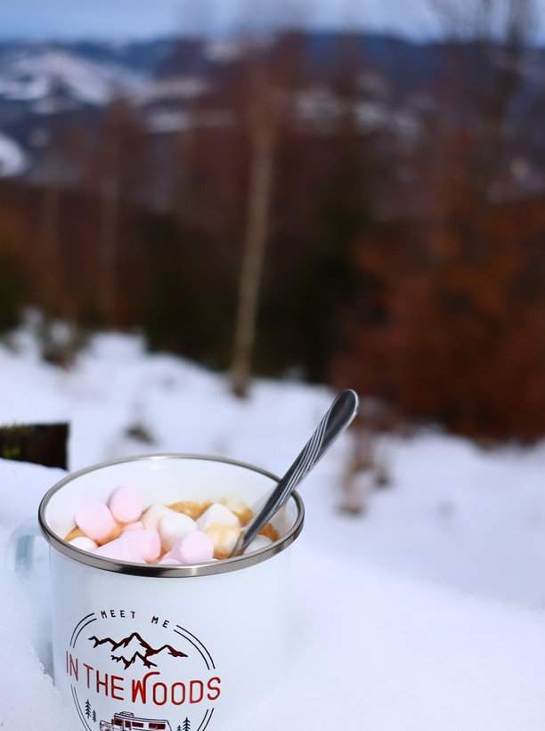 Emaliowany kubek z kawą i biało-różowymi piankami, położony na zaśnieżonym konarze drzewa - przerwa na kawę na słowackim szlaku