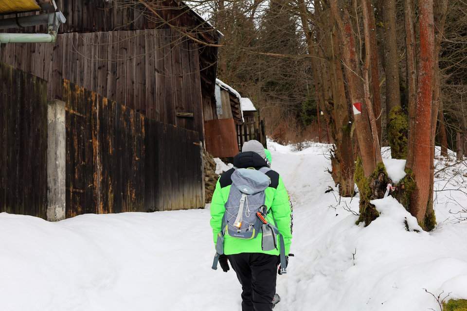 Turysta na zaśnieżonej leśnej drodze oznaczonej czerwonymi znakami - Krásno nad Kysucou, Słowacja 
