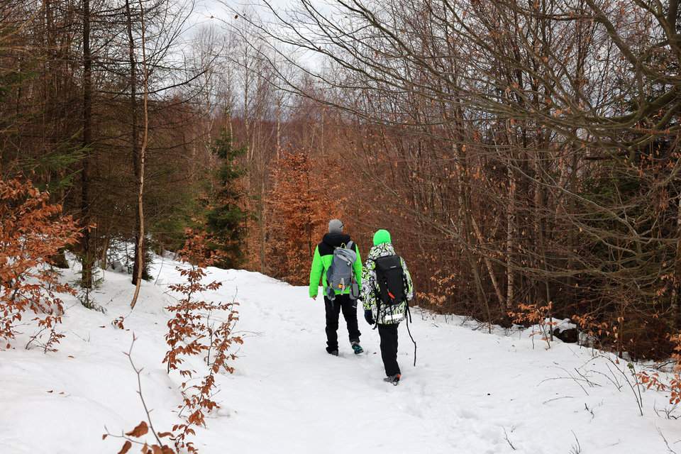 Mężczyzna z dzieckiem na pokrytej śniegiem szerokiej drodze leśnej - Słowacja