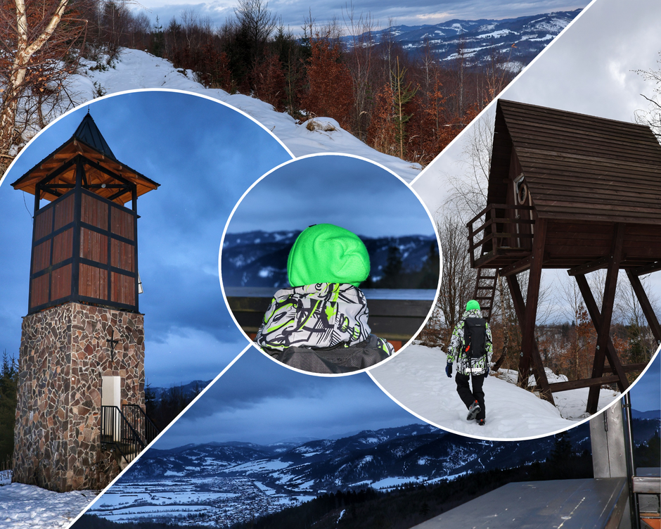 Kolaż zdjęć - wieża widokowa na Gładkim Wierchu (Rozhľadňa na Hladkom vrchu) - Słowacja
