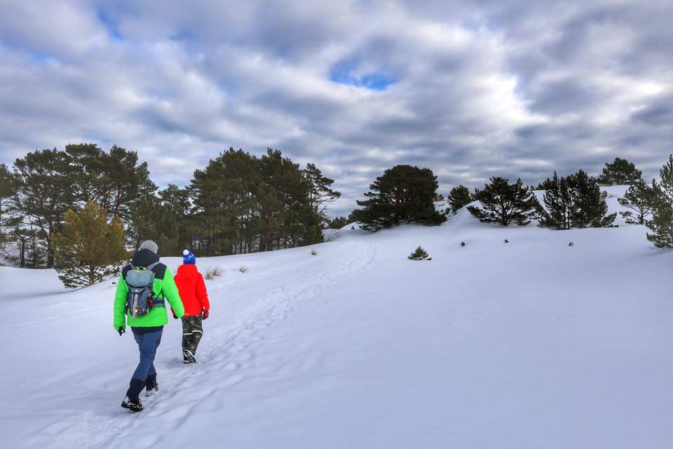 Dziecko z tatą na ścieżce edukacyjnej "Helskie Wydmy" - zimowy dzień