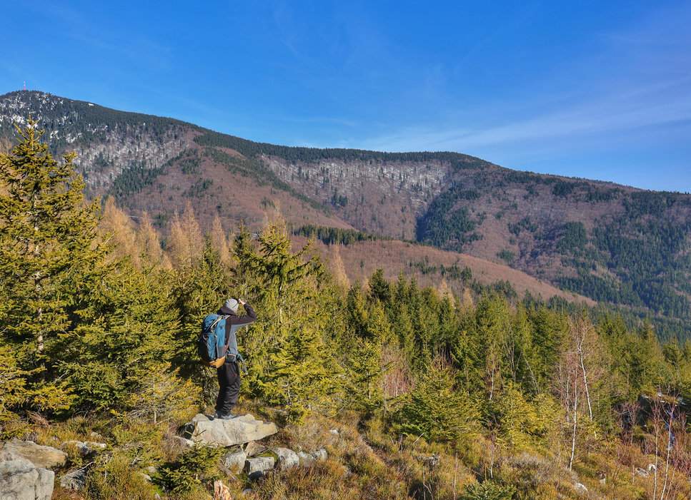 Liščí díry w Beskidzie Morawsko-Śląskim, turysta, widok na Łysą Górę (Łysa Hora)